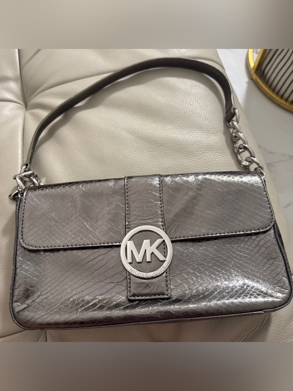 MK Silver Snake-Embossed Shoulder Bag with MK Logo . Great condition.